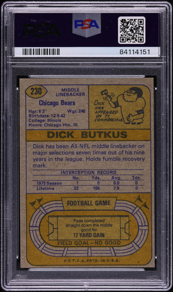 1974 Topps FB Card #230 Dick Butkus Chicago Bears HOF PSA 7 NRMT (MGD2)