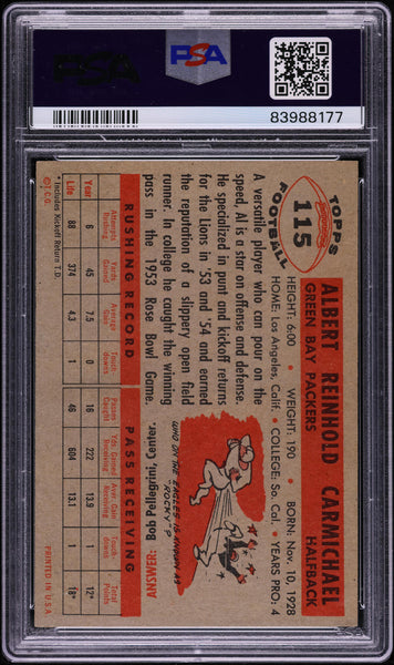 1956 Topps FB Card #115 Al Carmichael Green Bay Packers HOF PSA 8 NM-MT (MGD2)