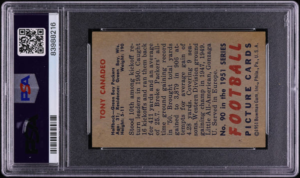 1951 Bowman FB Card # 90 Tony Canadeo Green Bay Packers HOF PSA 8 NM-MT (MGD2)