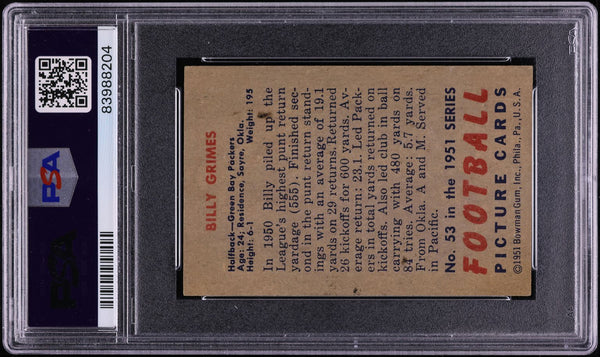 1951 Bowman FB Card #53 Billy Grimes Green Bay Packers PSA 7 NRMT (MGD2)