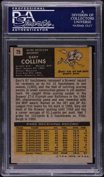 1971 Topps FB Card # 75 Gary Collins Cleveland Browns PSA 8 NM-MT (MGD2)