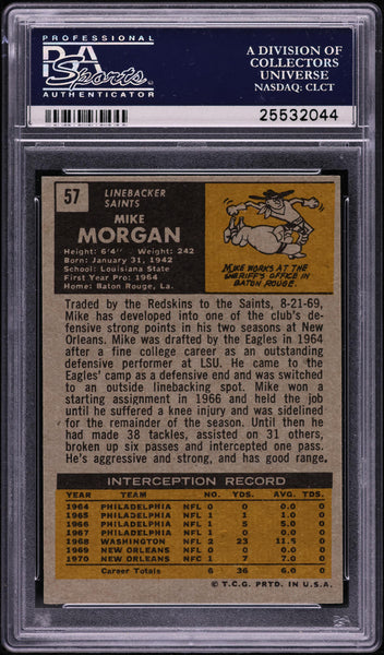 1971 Topps FB Card # 57 Mike Morgan New Orleans Saints ROOKIE RC PSA 8 NM-MT (MGD2)