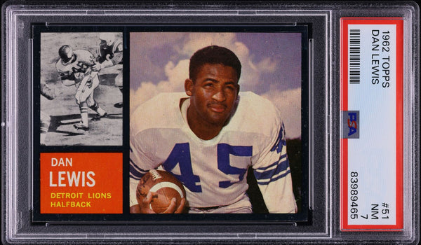 1962 Topps FB Card # 51 Dan Lewis Detroit Lions PSA 7 NRMT (MGD2)