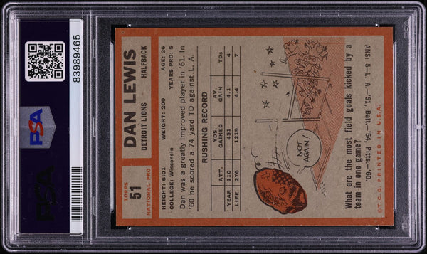 1962 Topps FB Card # 51 Dan Lewis Detroit Lions PSA 7 NRMT (MGD2)