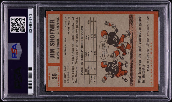 1962 Topps FB Card # 35 Jim Shofner Cleveland Browns PSA 7 NRMT (MGD2)