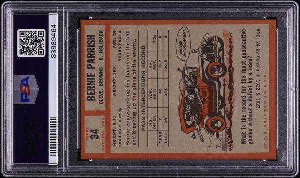 1962 Topps FB Card # 34 Bernie Parrish Cleveland Browns ROOKIE RC PSA 7 NRMT (MGD2)