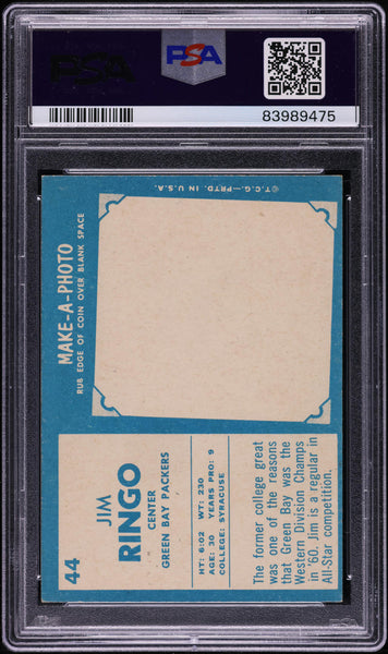 1961 Topps FB Card # 44 Jim Ringo Green Bay Packers HOF PSA 8 NM-MT (MGD2)