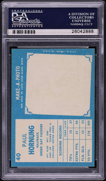 1961 Topps FB Card # 40 Paul Hornung Green Bay Packers HOF PSA 8 NM-MT (MGD2)