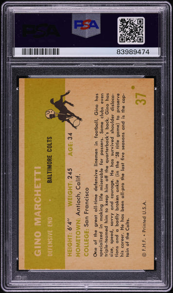 1961 Fleer FB Card # 37 Gino Marchetti Baltimore Colts HOF PSA 8 NM-MT (MGD2)