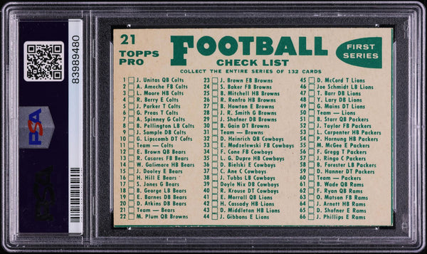 1960 Topps FB Card # 21 Chicago Bears TEAM CARD CHECKLIST BACK PSA 7 NRMT (MGD2)