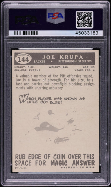 1959 Topps FB Card #144 Joe Krupa Pittsburgh Steelers PSA 8 NM-MT (MGD2)