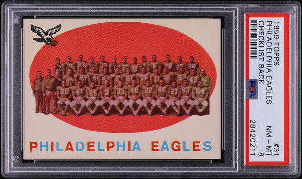 1959 Topps FB Card # 31 Philadelphia Eagles TEAM CHECKLIST BACK #31 PSA 8 NM-MT (MGD2)