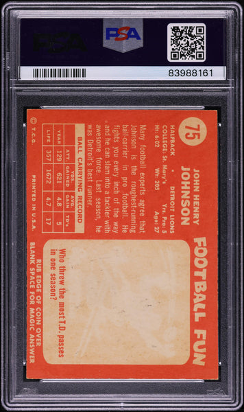 1958 Topps FB Card # 75 John Henry Johnson Detroit Lions HOF PSA 7 NRMT (MGD2)