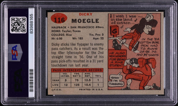 1957 Topps FB Card #116 Dick Moegle San Francisco 49ers HOF SP PSA 8 NM-MT (MGD2)