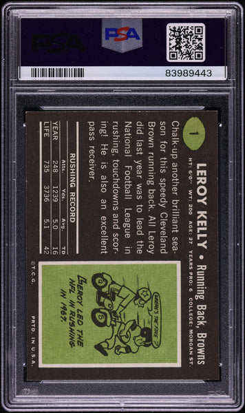 1969 Topps FB Card # 1 LeRoy Kelly Cleveland Browns HOF PSA 8 NM-MT (MGD2)