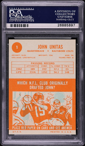 1963 Topps FB Card # 1 Johnny Unitas Baltimore Colts HOF PSA 7 NRMT (MGD2)