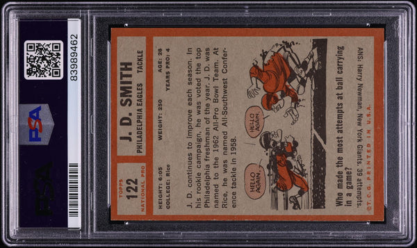 1962 Topps FB Card #122 J.D. Smith Philadelphia Eagles ROOKIE RC PSA 7 NRMT (MGD2)