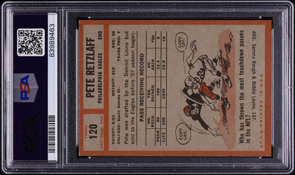 1962 Topps FB Card #120 Pete Retzlaff Philadelphia Eagles HOF SP PSA 7 NRMT (MGD2)