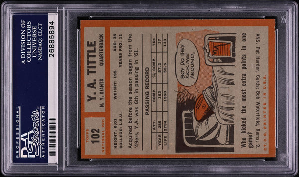 1962 Topps FB Card #102 Y.A. Tittle San Francisco 49ers HOF PSA 7 NRMT (MGD2)