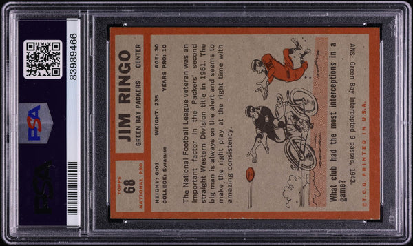 1962 Topps FB Card # 68 Jim Ringo Green Bay Packers HOF SP PSA 7 NRMT (MGD2)