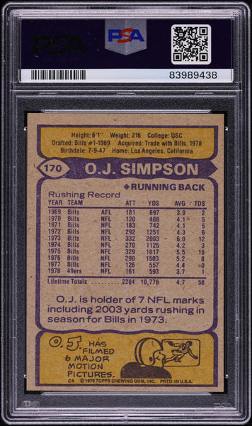 1979 Topps FB Card #170 O.J. Simpson San Francisco 49ers HOF PSA 9 MINT (MGD2)