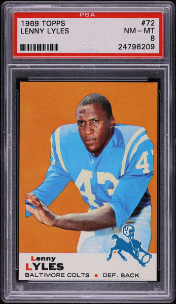 1969 Topps FB Card # 72 Lenny Lyles Baltimore Colts PSA 8 NM-MT (MGD2)