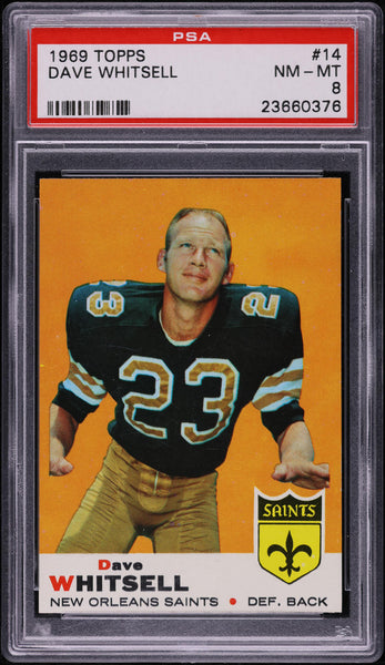 1969 Topps FB Card # 14 Dave Whitsell New Orleans Saints PSA 8 NM-MT (MGD2)