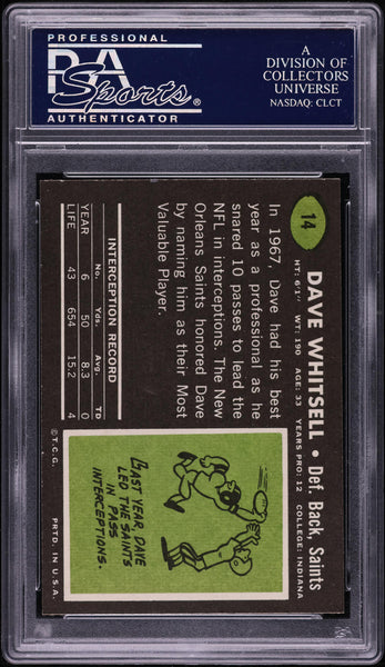 1969 Topps FB Card # 14 Dave Whitsell New Orleans Saints PSA 8 NM-MT (MGD2)