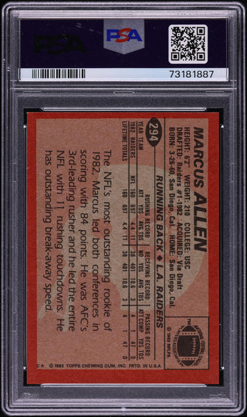 1983 Topps FB Card #294 Marcus Allen ROOKIE RC, ALL-PRO PSA 8 NM-MT (MGD2)