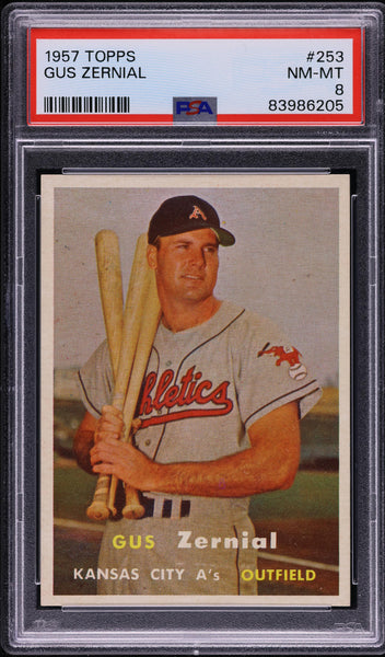 1957 Topps BB Card #253 Gus Zernial Kansas City Athletics PSA 8 NM-MT (MGD2)