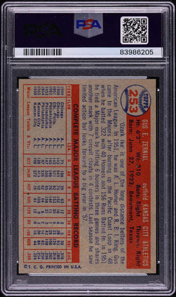 1957 Topps BB Card #253 Gus Zernial Kansas City Athletics PSA 8 NM-MT (MGD2)