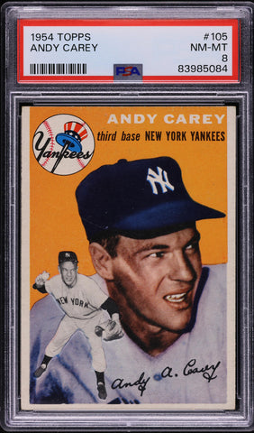 1954 Topps BB Card #105 Andy Carey New York Yankees PSA 8 NM-MT (MGD2)