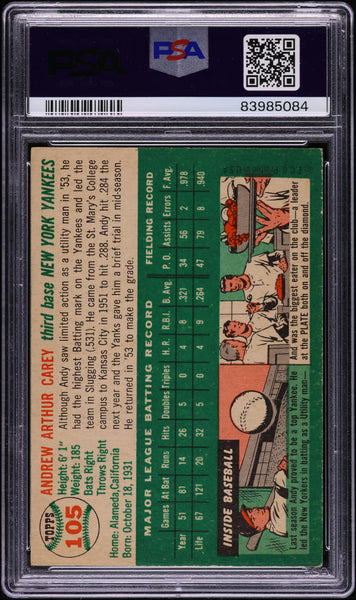 1954 Topps BB Card #105 Andy Carey New York Yankees PSA 8 NM-MT (MGD2)