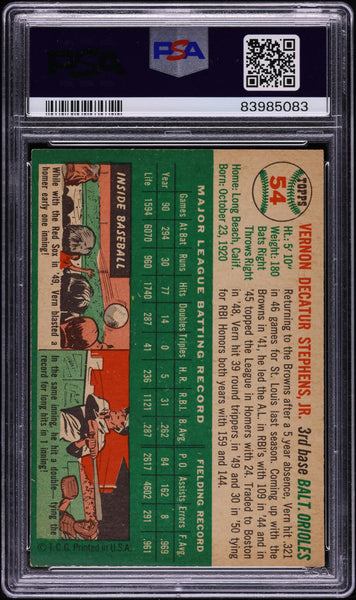 1954 Topps BB Card # 54 Vern Stephens Baltimore Orioles PSA 8 NM-MT (MGD2)