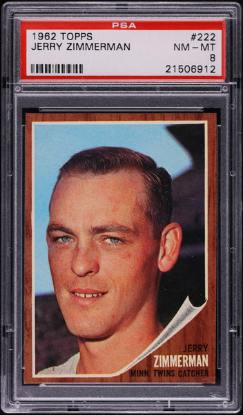 1962 Topps BB Card #222 Jerry Zimmerman Minnesota Twins PSA 8 NM-MT (MGD2)