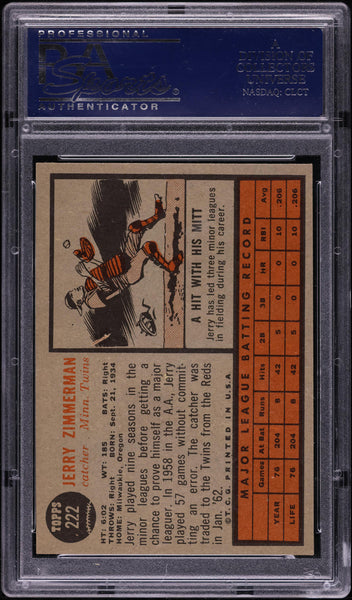 1962 Topps BB Card #222 Jerry Zimmerman Minnesota Twins PSA 8 NM-MT (MGD2)