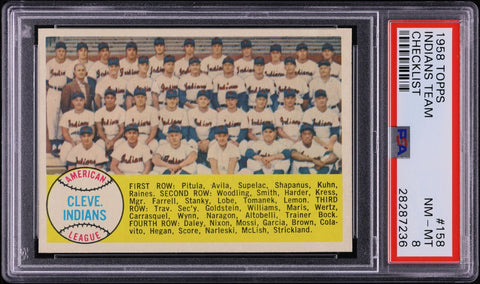 1958 Topps BB Card #158 Indians Team TEAM CHECKLIST BACK PSA 8 NM-MT (MGD2)