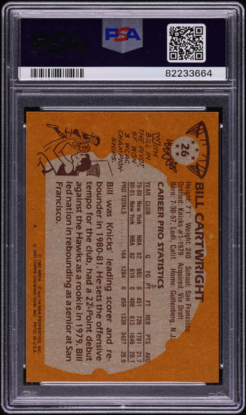 1981 Topps BkB Card # 26 Bill Cartwright New York Knicks PSA 8 NM-MT (MGD2)