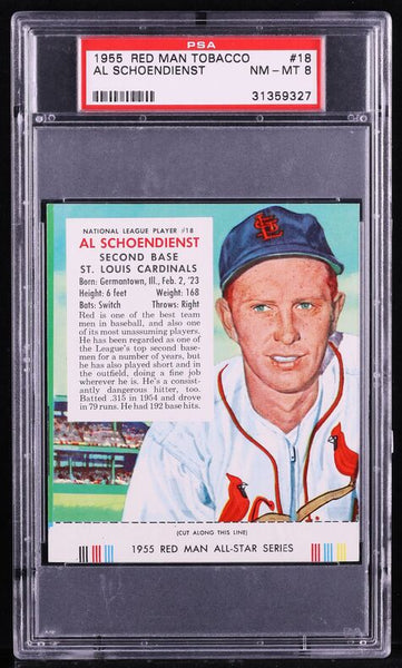 1955 Red Man Tobacco BB Card # 18 Al Schoendienst Cardinals HOF PSA 8 NM-MT (MGD2)
