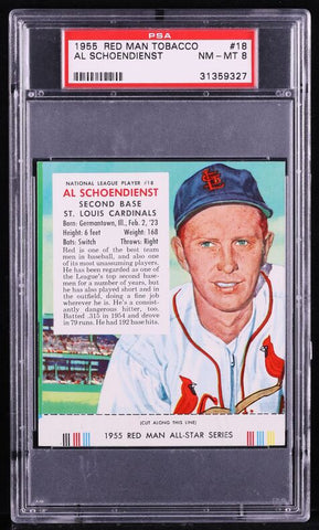 1955 Red Man Tobacco BB Card # 18 Al Schoendienst Cardinals HOF PSA 8 NM-MT (MGD2)