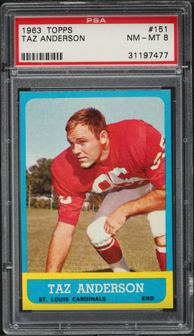 1963 Topps FB Card #151 Taz Anderson St. Louis Cardinals ROOKIE RC PSA 8 NM-MT (MGD2)