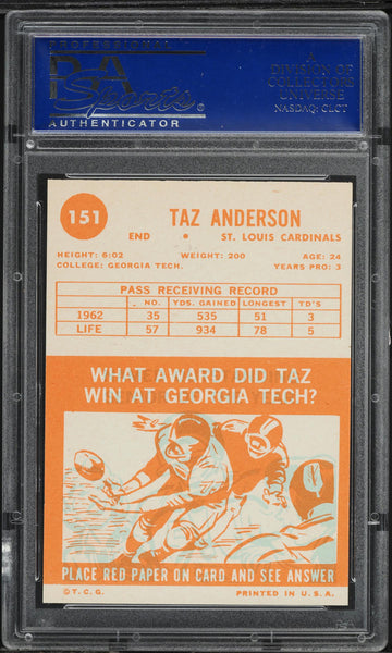 1963 Topps FB Card #151 Taz Anderson St. Louis Cardinals ROOKIE RC PSA 8 NM-MT (MGD2)