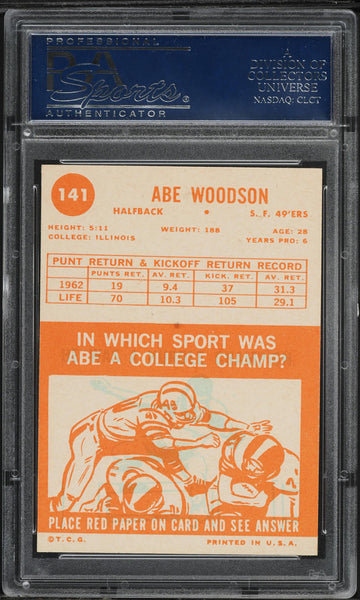 1963 Topps FB Card #141 Abe Woodson San Francisco 49ers PSA 7.5 NRMT+ (MGD2)
