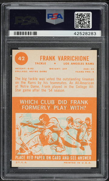 1963 Topps FB Card # 42 Frank Varrichione Los Angeles Rams PSA 7 NRMT (MGD2)