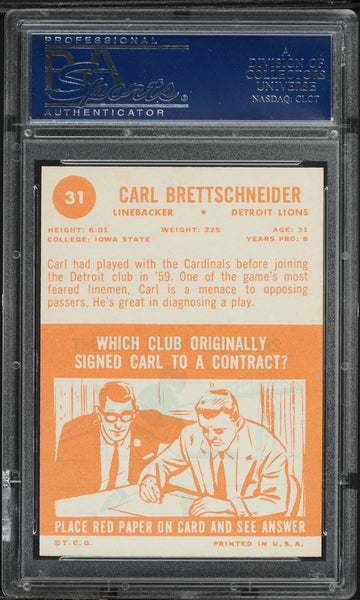1963 Topps FB Card # 31 Carl Brettschneider Detroit Lions PSA 7 NRMT (MGD2)