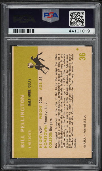 1961 Fleer FB Card # 36 Bill Pellington Baltimore Colts PSA 8 NM-MT (MGD2)