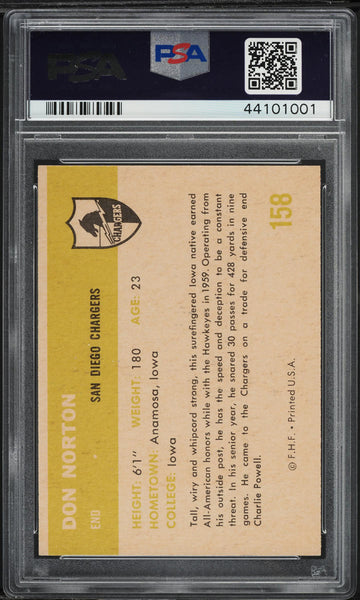 1961 Fleer FB Card #158 Don Norton San Diego Chargers ROOKIE RC PSA 7 NRMT (MGD2)