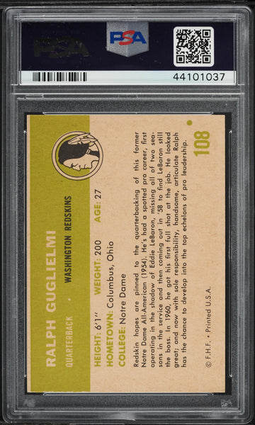 1961 Fleer FB Card #108 Ralph Guglielmi Washington Redskins  HOF PSA 7 NRMT (MGD2)