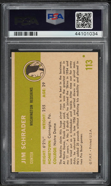 1961 Fleer FB Card #113 Jim Schrader Washington Redskins PSA 7.5 NRMT+ (MGD2)