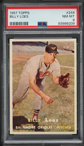 1957 Topps BB Card #244 Billy Loes Baltimore Orioles PSA 8 NM-MT (MGD2)